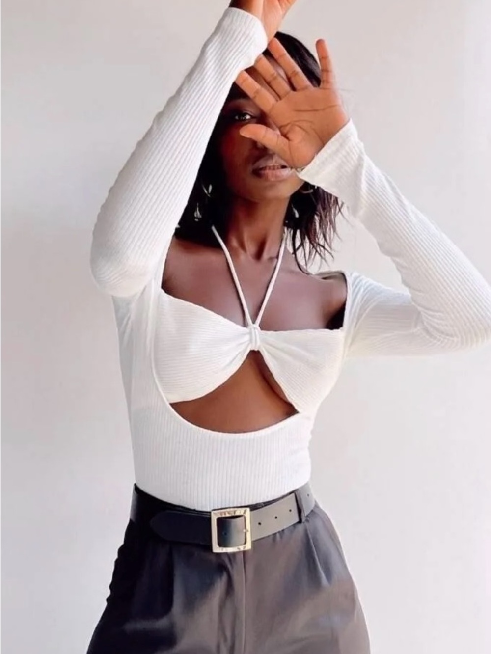 NWT Princess Polly Barker Bodysuit White Ribbed Cutout Tie Front Long Sleeve XS